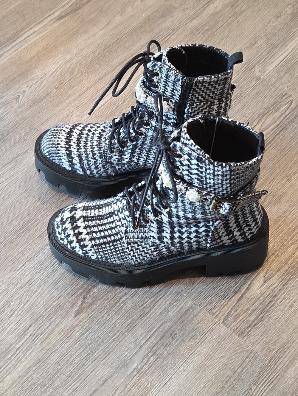 Betsey Johnson Black & White Houndstooth Pearl-Embellished Lace-Up Boot - Picture 2 of 13